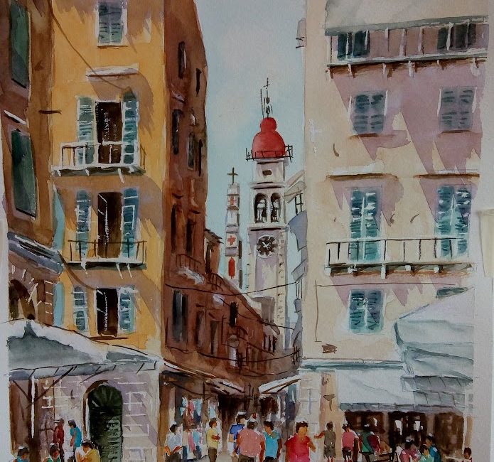 Corfu St Spiridon Aquarelle Watercolor on Paper, Analitis Dimitris