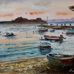 Corfu Anemomilos Garitsa Aquarelle Watercolor on Paper, Analitis Dimitris