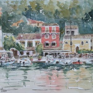 Paxos Gaios Port Aquarelle Watercolor on Paper, Analitis Dimitris