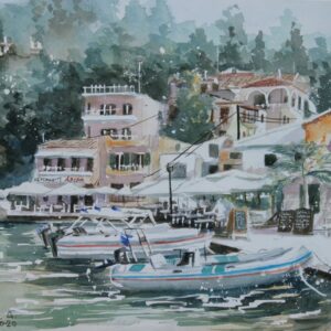 Paxos Lakka Port Aquarelle Watercolor on Paper, Analitis Dimitris