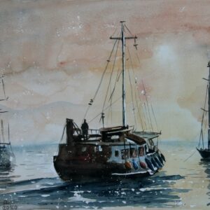 Sailing boat in Paxos Port Aquarelle Watercolor on Paper, Analitis Dimitris