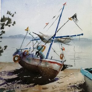 Corfu Varka Aquarelle Watercolor on Paper, Analitis Dimitris