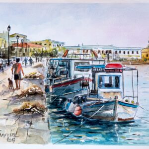 Fishing boat Corfu Anemomylos Aquarelle Watercolor on Paper, Analitis Dimitris