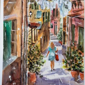 Corfu alley Aquarelle Watercolor on Paper, Analitis Dimitris