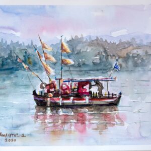 Fishing boat Corfu Anemomylos Aquarelle Watercolor on Paper, Analitis Dimitris