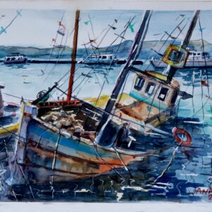 Fishing boat Corfu Anemomylos Aquarelle Watercolor on Paper, Analitis Dimitris