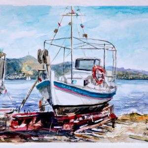 Fishing boat Corfu Anemomylos Aquarelle Watercolor on Paper, Analitis Dimitris