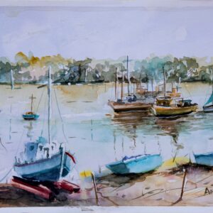 Fishing boats Corfu Anemomylos Aquarelle Watercolor on Paper, Analitis Dimitris