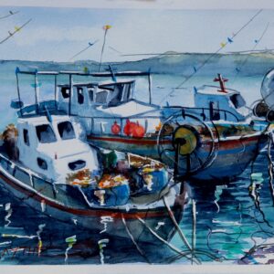 Fishing boat Corfu Anemomylos Aquarelle Watercolor on Paper, Analitis Dimitris