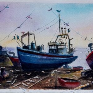 Fishing boat Corfu Anemomylos Aquarelle Watercolor on Paper, Analitis Dimitris