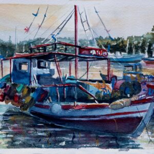 Fishing boat Corfu Anemomylos Aquarelle Watercolor on Paper, Analitis Dimitris