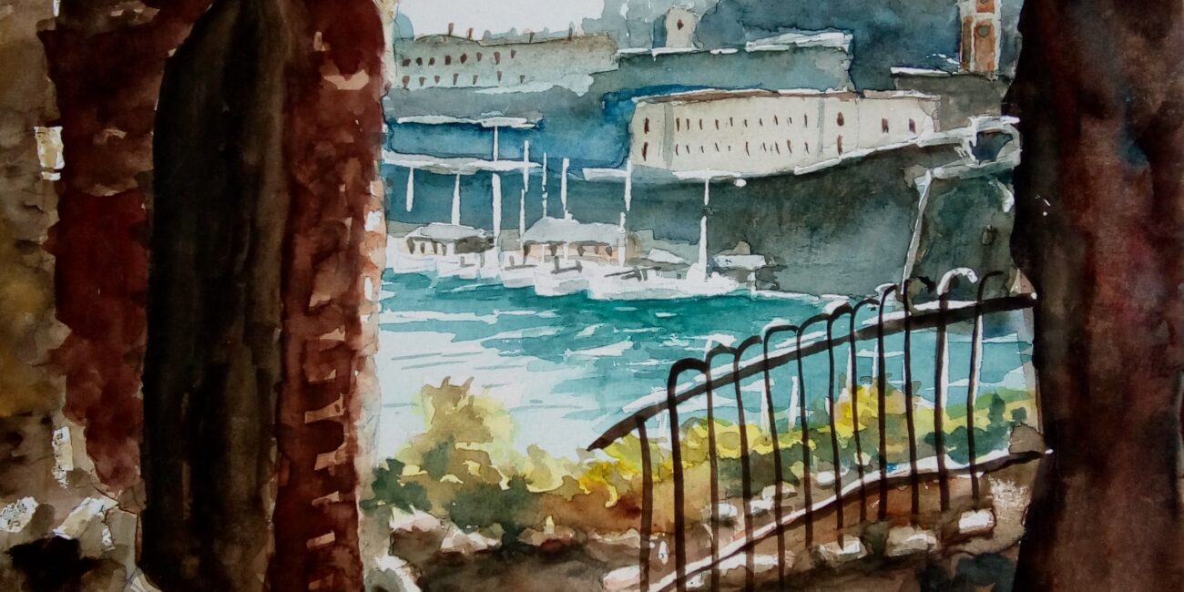 Corfu Old Fortress Aquarelle Watercolor on Paper, Analitis Dimitris