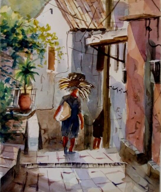 Corfu alley Aquarelle Watercolor on Paper, Analitis Dimitris