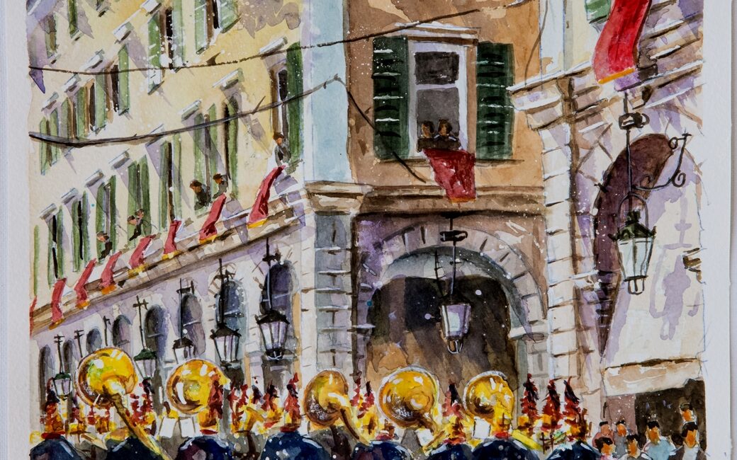 Corfu Liston Philarmonic band Aquarelle Watercolor on Paper, Analitis Dimitris