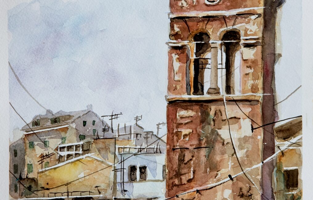 Corfu Anunziata bell tower Aquarelle Watercolor on Paper, Analitis Dimitris
